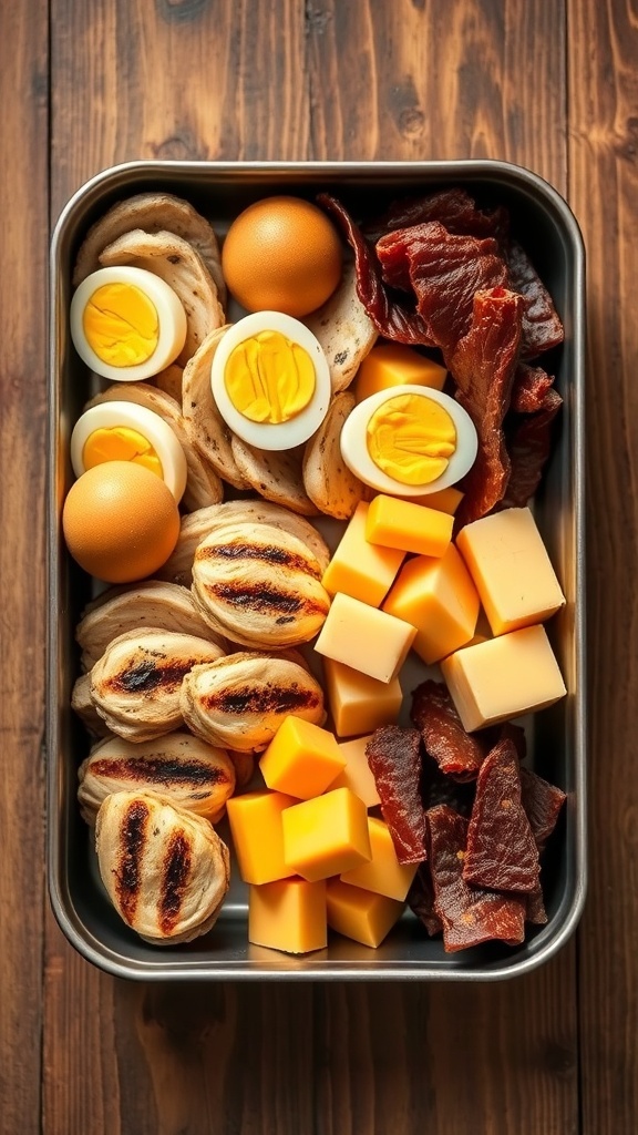 Carnivore Lunch Box Ideas A carnivore lunch box with grilled chicken, hard-boiled eggs, cheese, and beef jerky on a wooden table.